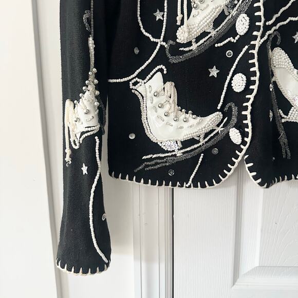 Michael Simon Black Embellished Beaded White Ice Skates Button Cardigan Medium - Picture 3 of 14